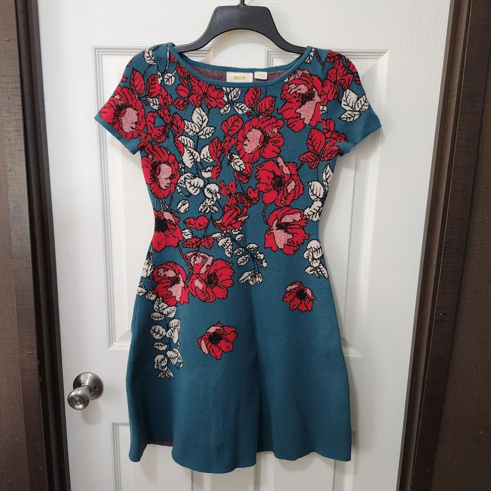 Maeve Anthropologie Allison Poppy Floral Short Sleeve Sweater Dress XS - Picture 2 of 7